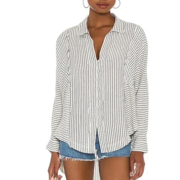 FREE PEOPLE One & Only Linen Blend Blouse Tunic Sz L Black White Boho Festival - Picture 3 of 11